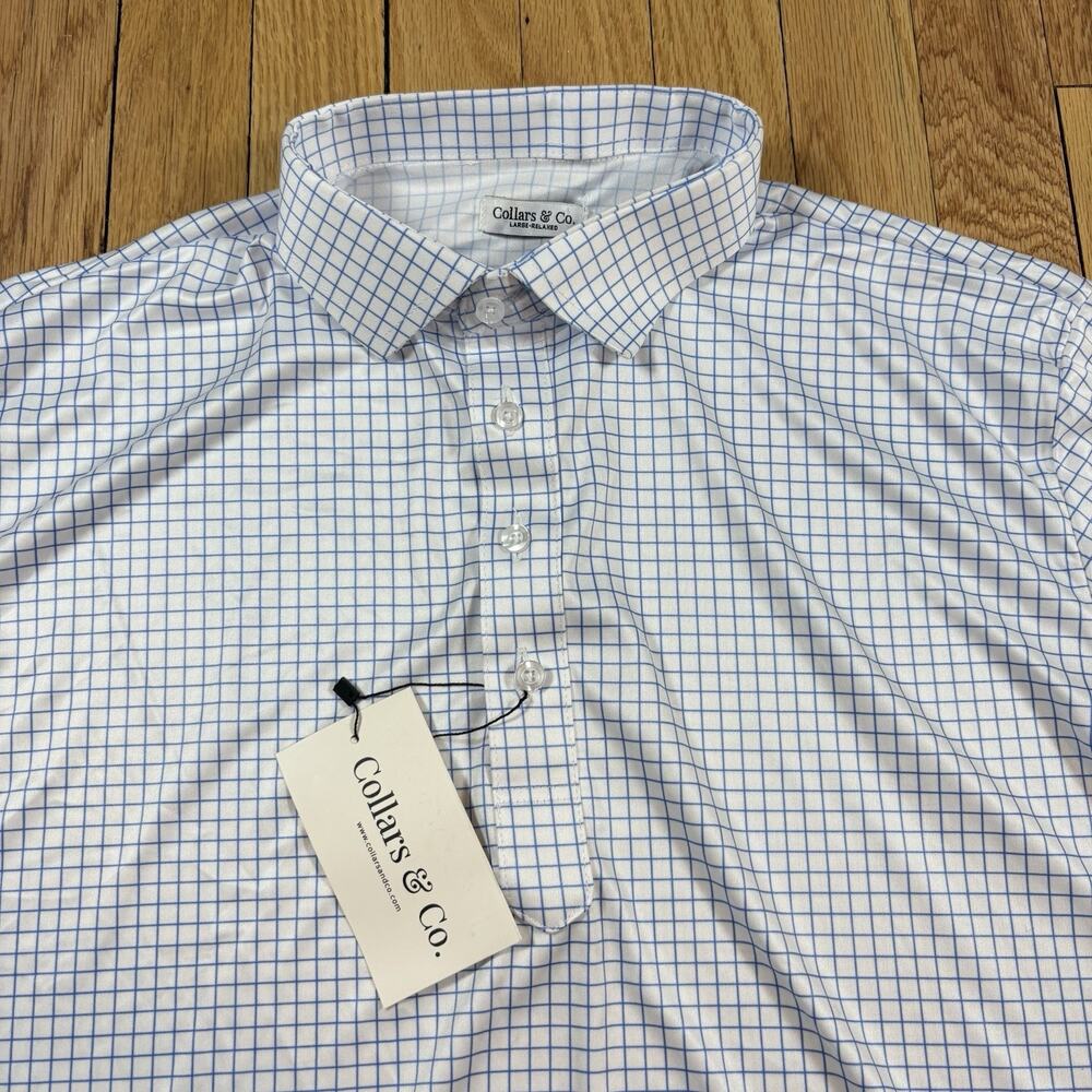 NWT Collars and Co Men’s Size L Relaxed Dress Collar Polo Shirt Blue White Grid